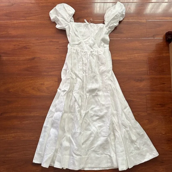 Reformation Marella Linen Puff-Sleeve Dress